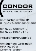 Impressum:Condor Ingenieure, Amtsgericht Geislingen HRA1073Gei, Oliver R. Weber, info@condorgruppe.de